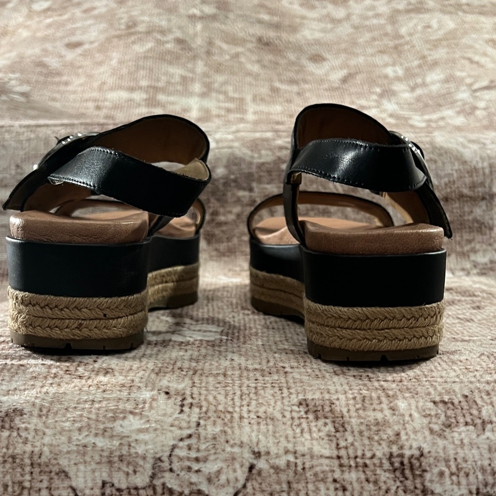 UGG Black Leather Espadrille Platform Sandals with Buckle - Picture 8 of 12